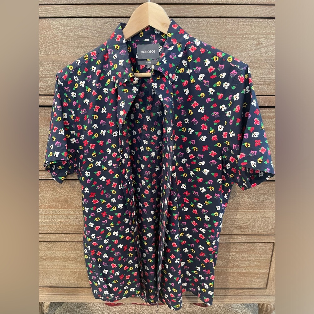 BONOBOS Short Sleeve Button-Up Shirt Slim Fit Floral Large